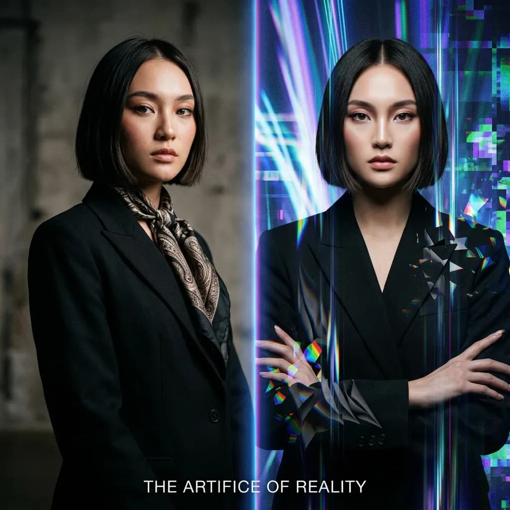 A photorealistic model showcasing subtle digital glitches, illustrating the challenge of AI fashion generation