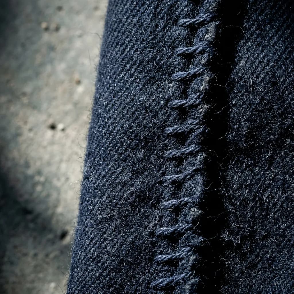 A detailed macro photograph showing the high-contrast physical texture of navy wool threads and seams