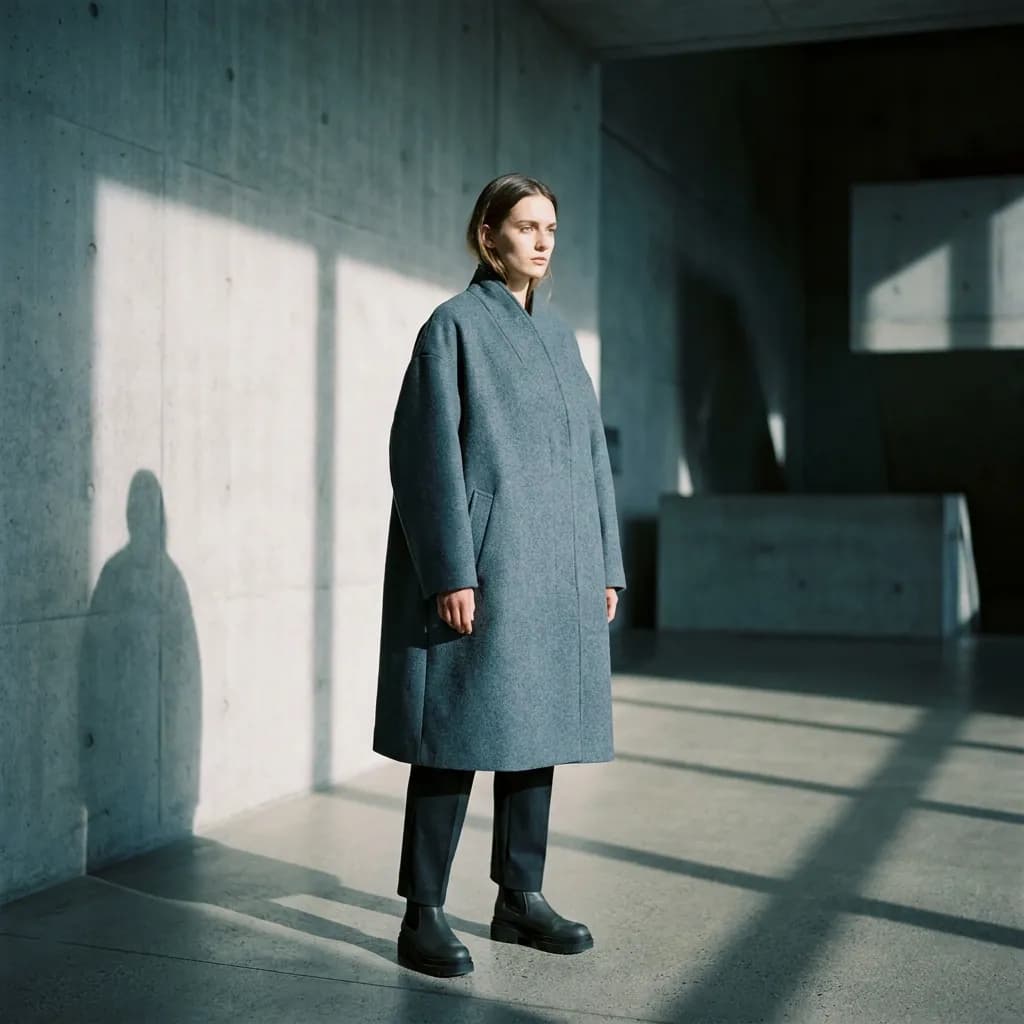 A female model in an oversized structured slate-grey wool coat standing in a minimalist concrete museum lobby with sharp architectural shadows