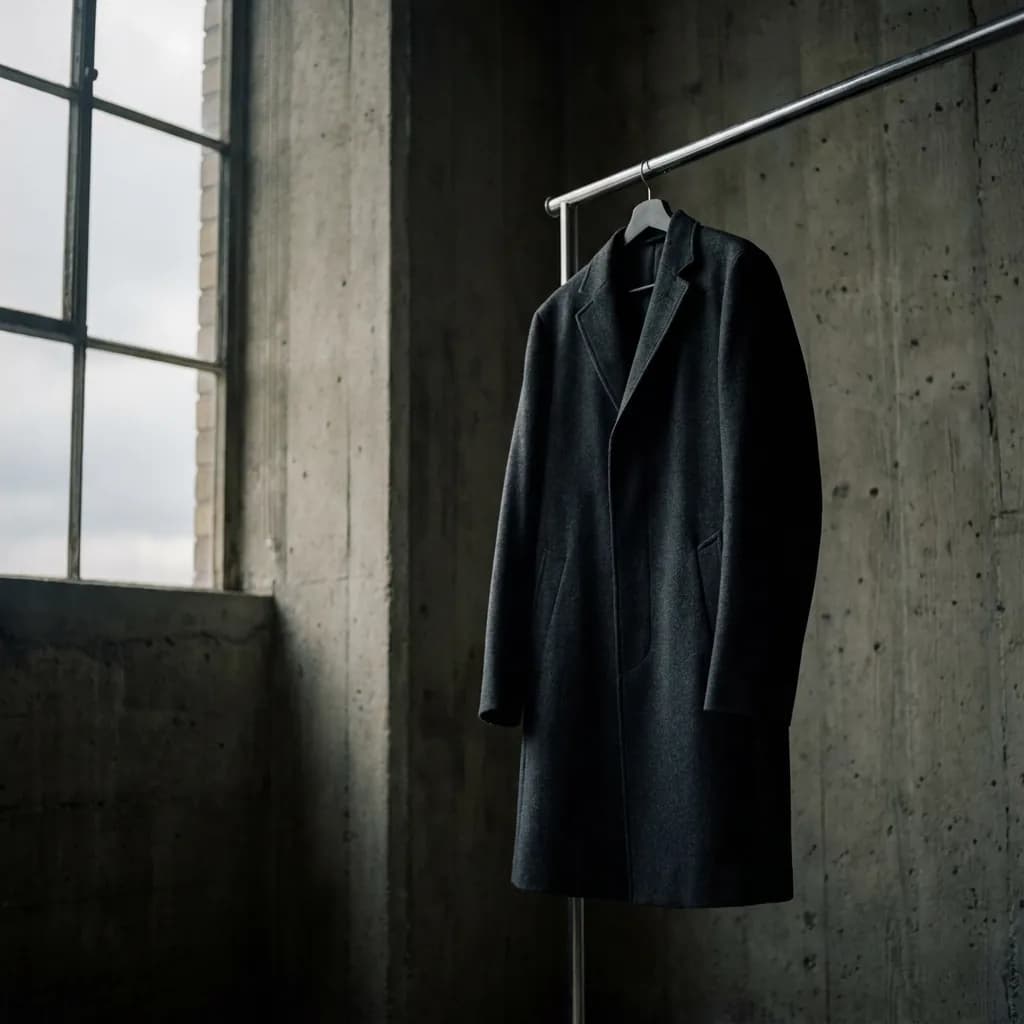 A structured charcoal wool coat hanging in a brutalist concrete loft with dramatic single-window light