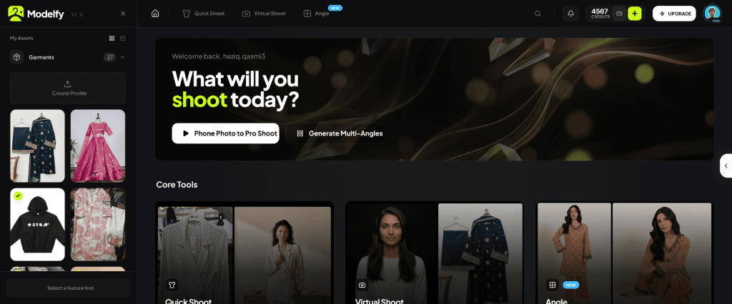 The legacy Modelfy layout featuring a top navigation bar and horizontal header elements
