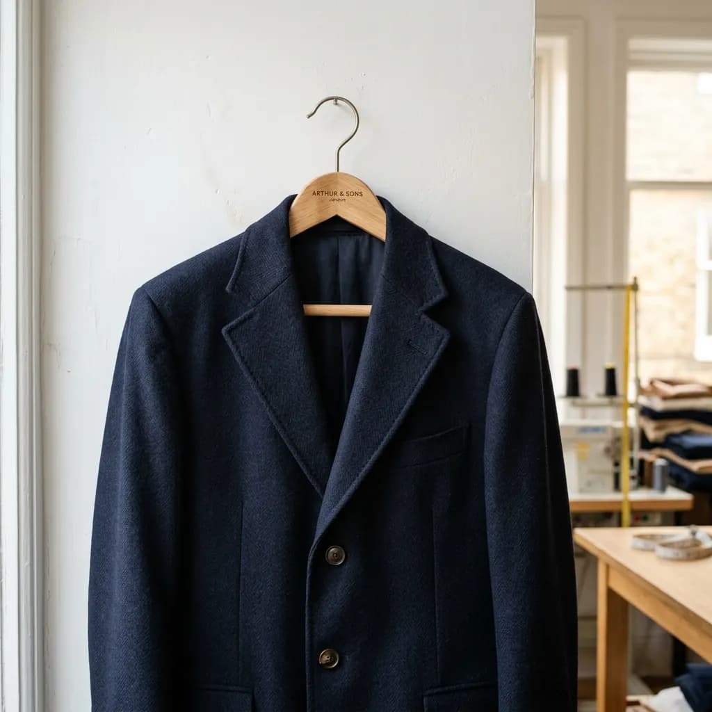 A detailed close-up shot of a dark wool coat on a hanger, showcasing how garment preservation AI retains stitch texture