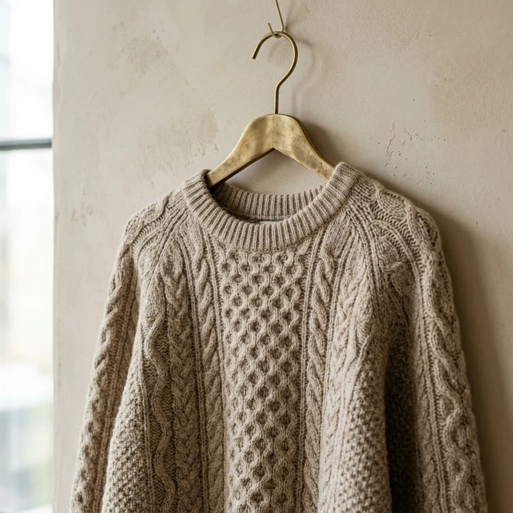 Detailed close-up of a premium knitted sweater hanging on a minimalist brass hanger, showing precise fabric preservation under natural side lighting