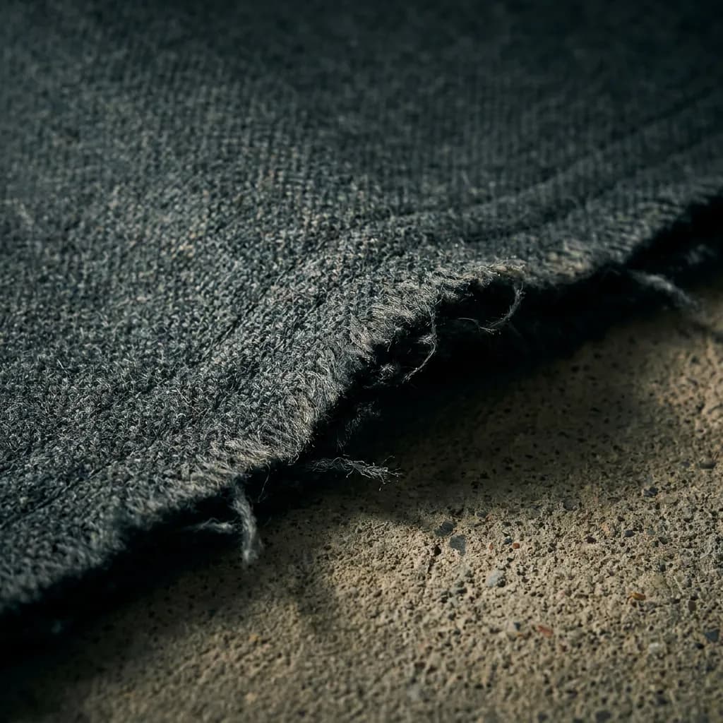 Close-up of premium raw-edge heavy slate-grey wool fabric texture showing the details of the weave and stitching