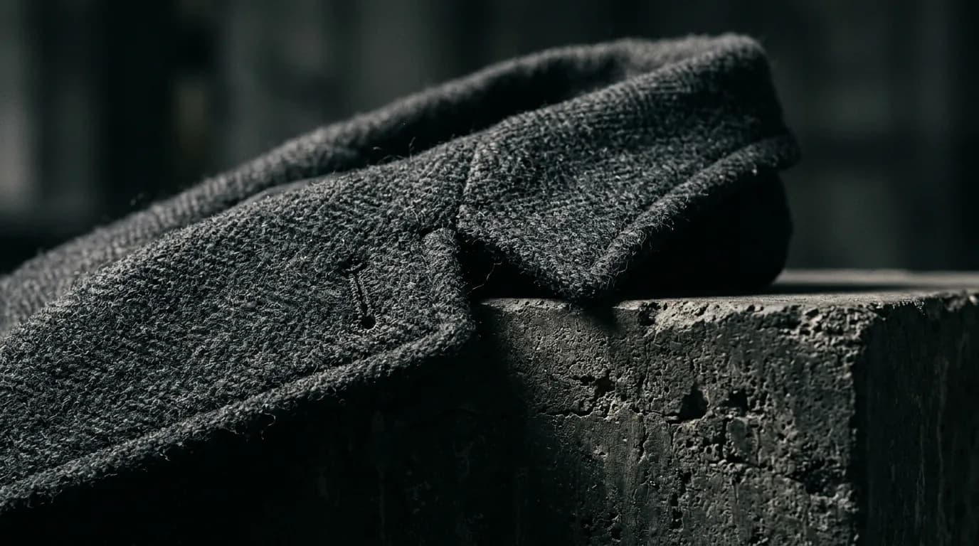 Macro detail of heavy charcoal wool overcoat collar and lapel resting on an industrial concrete pedestal