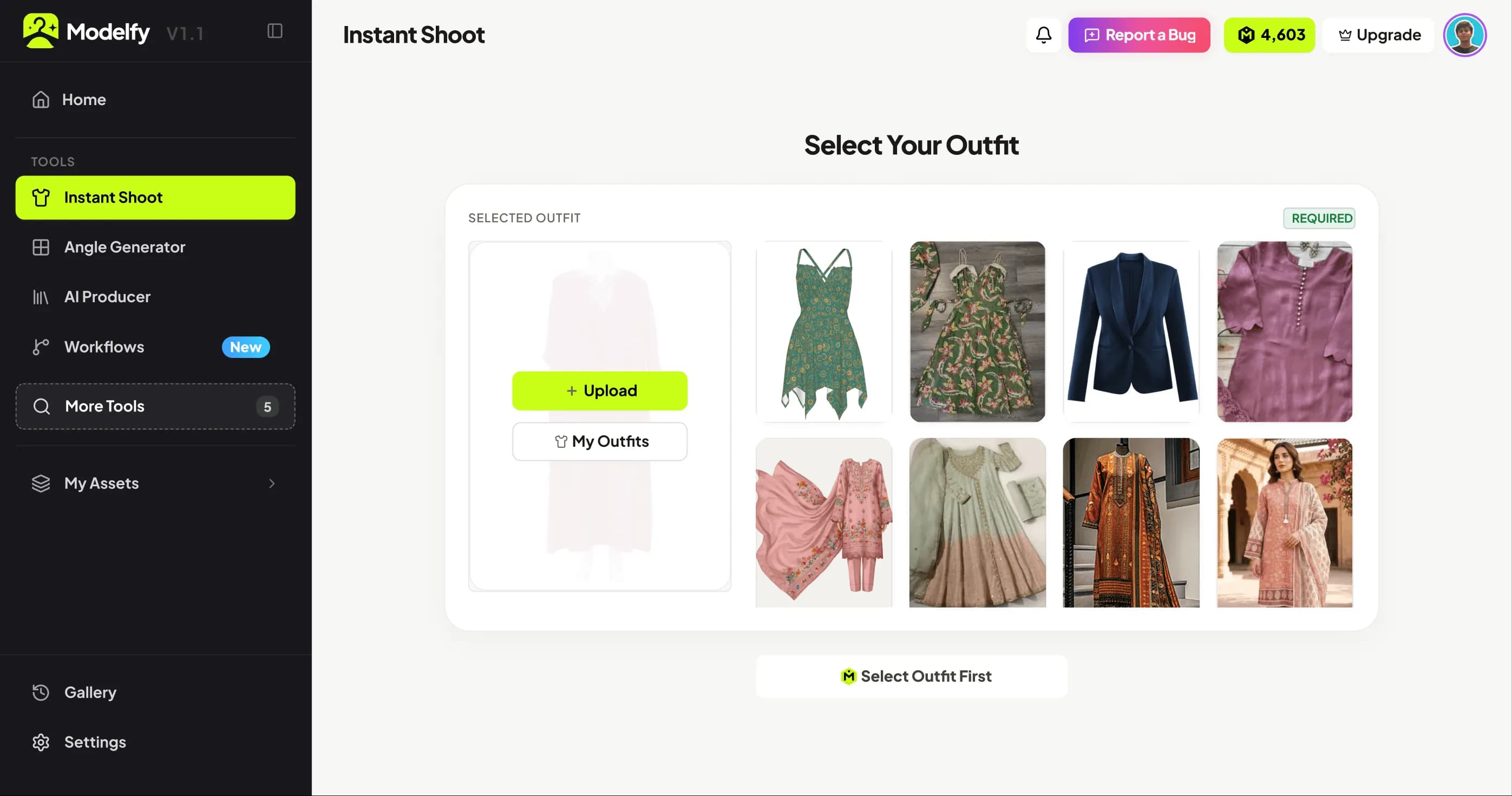 Modelfy AI Fashion Photoshoot Studio Dashboard - Convert flat lay apparel into campaign-ready model photos in one click