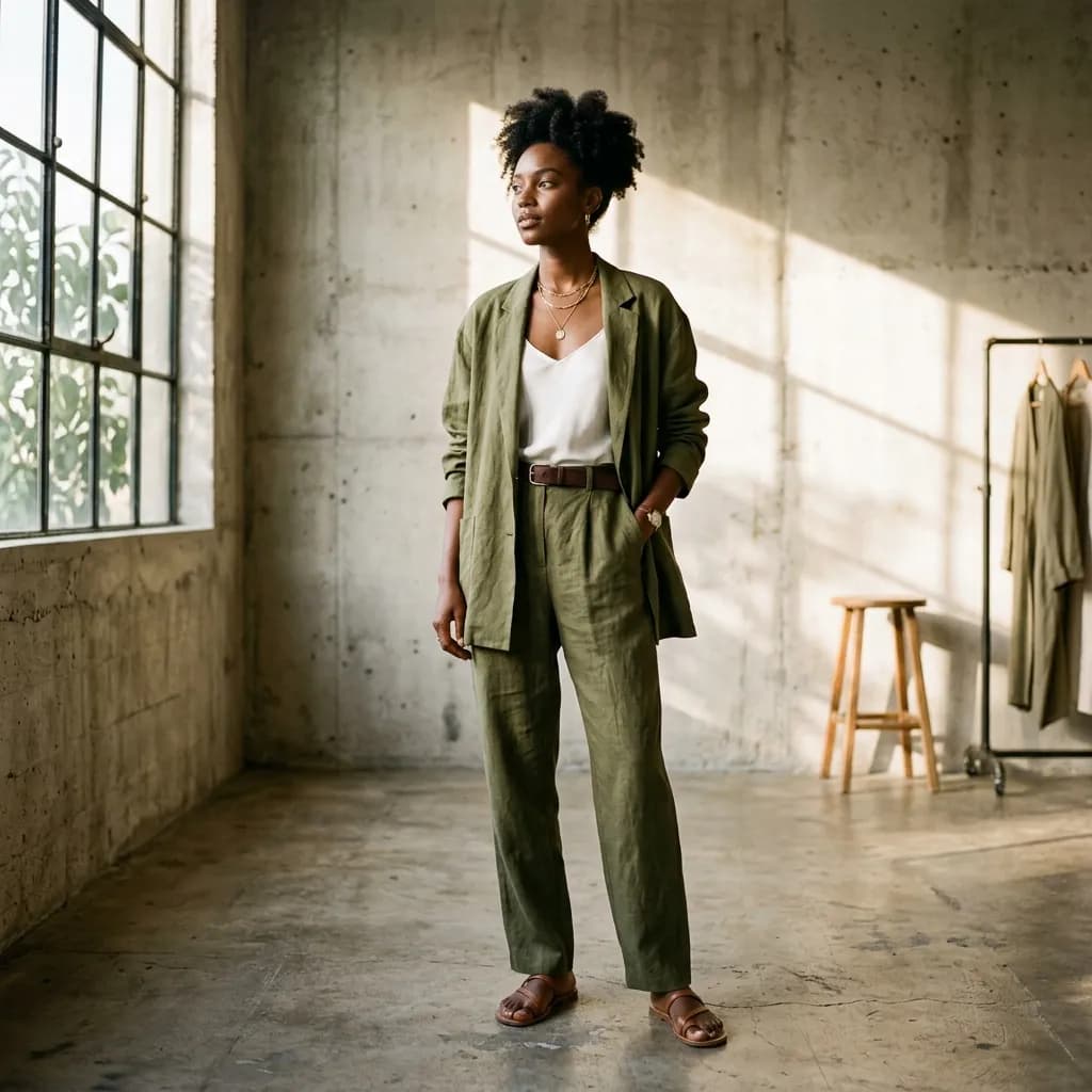 A photorealistic high-end fashion shoot of a model wearing a premium draped olive green linen blazer in a sunlit minimalist concrete studio