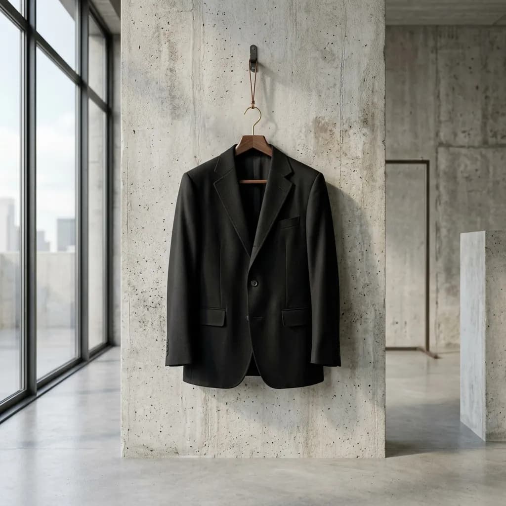 A high-end cinematic studio view of a premium black wool blazer displayed on a sleek minimalist structure with clean architectural concrete background