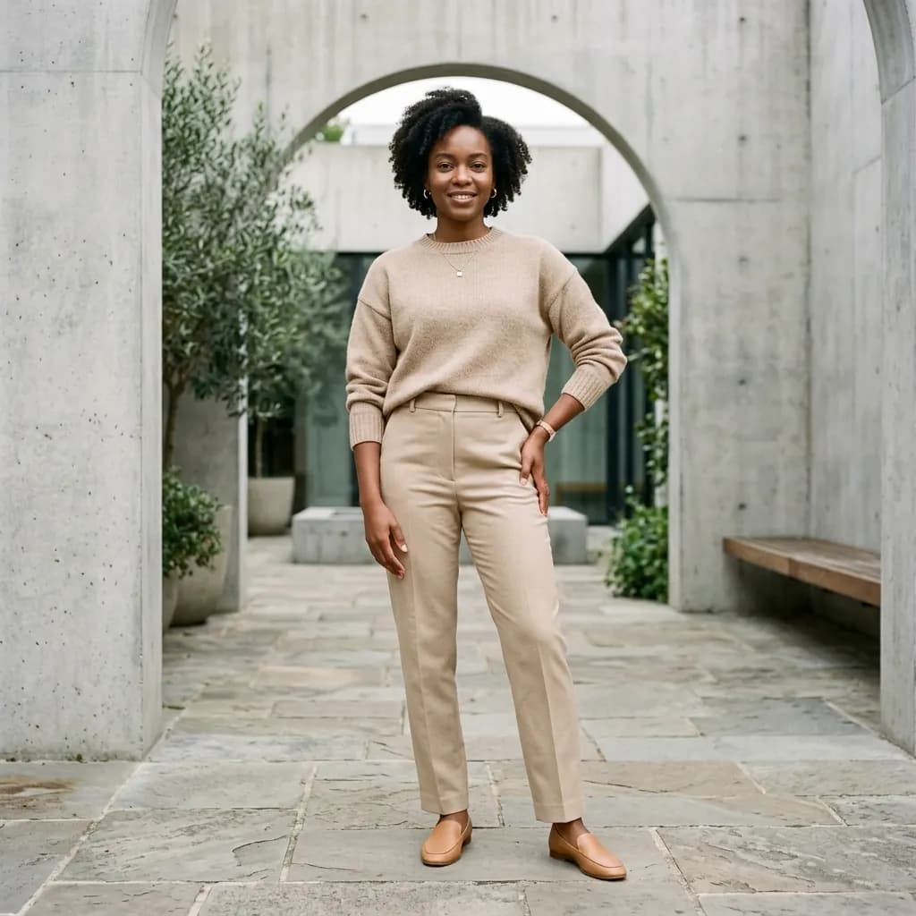 A photorealistic model showcasing premium tailored knitwear in a minimalist architectural setting