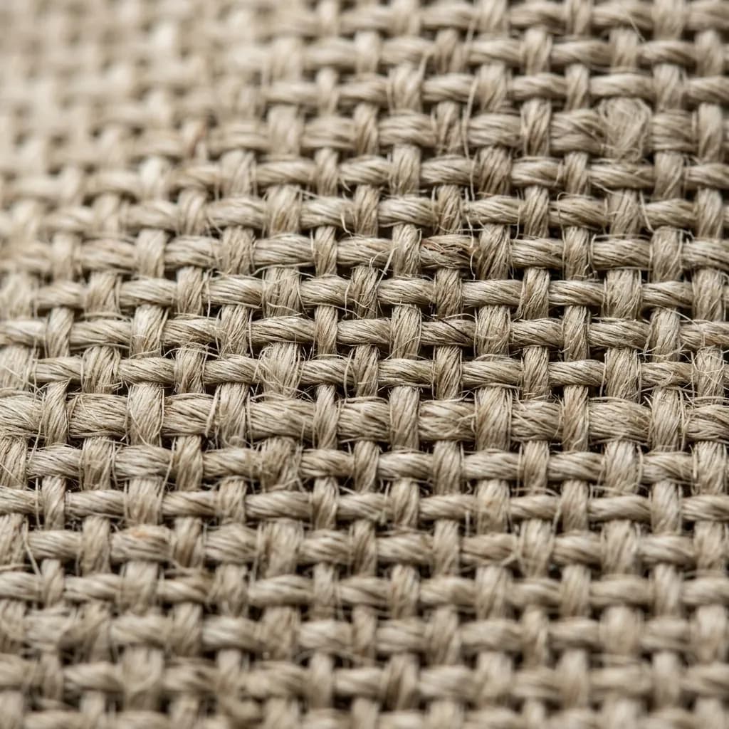 A macro close-up photograph of high-end beige linen fabric showing the detailed warp and weft weave pattern preserved under soft natural lighting