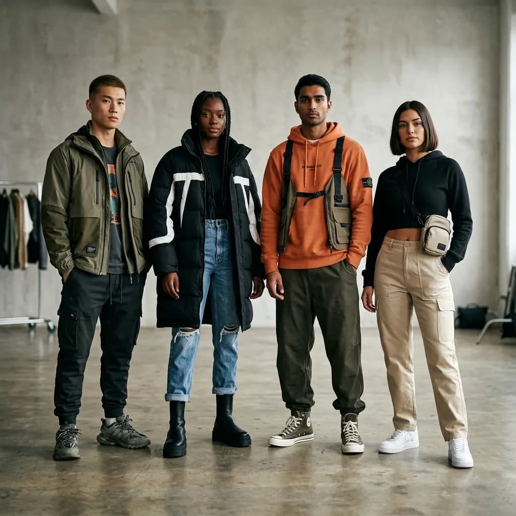 A split view displaying multiple diverse, photorealistic AI fashion models wearing the same premium streetwear outfit