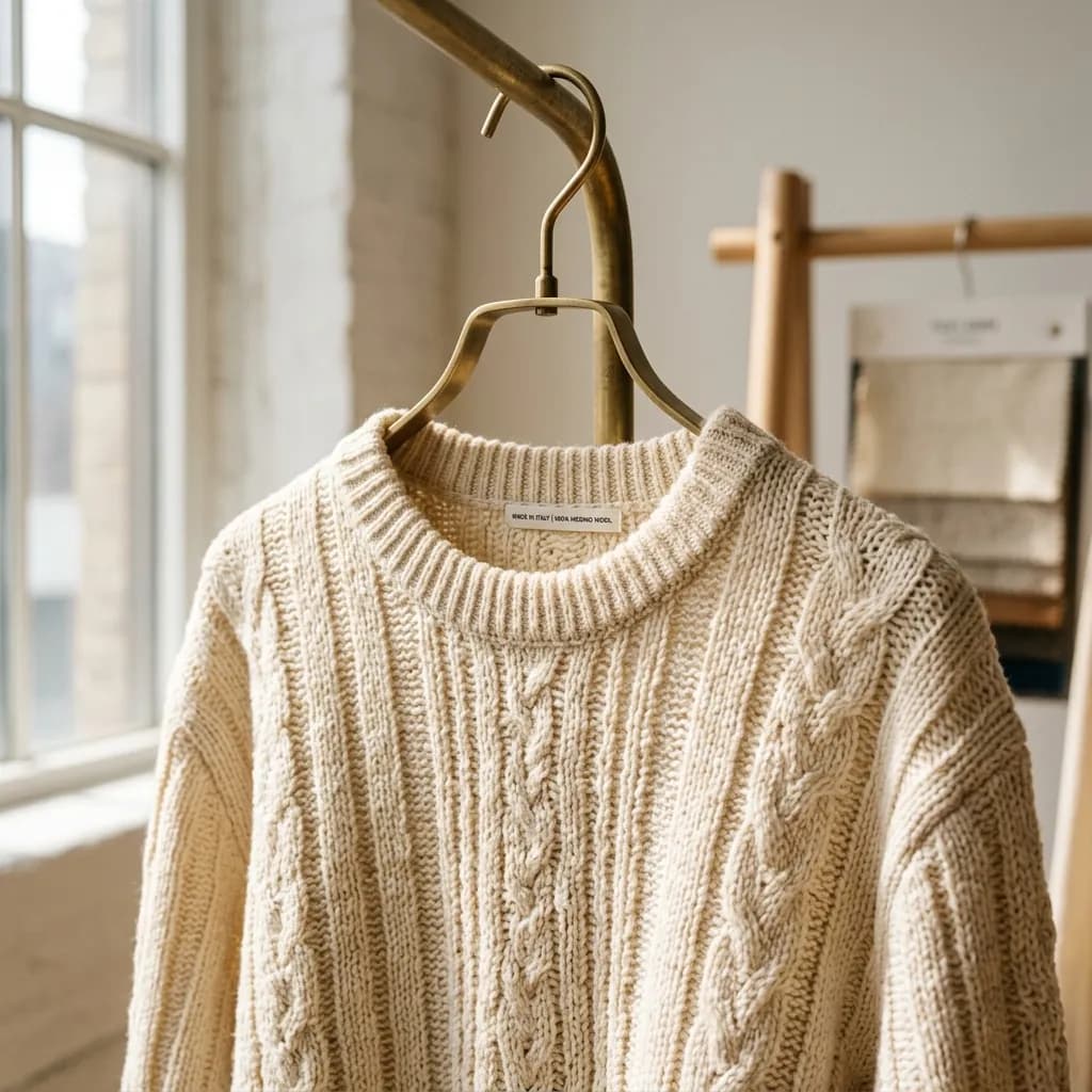 A detailed close-up of a premium silk cream shirt on a hanger showing the fine fabric weave texture preserved under soft side lighting