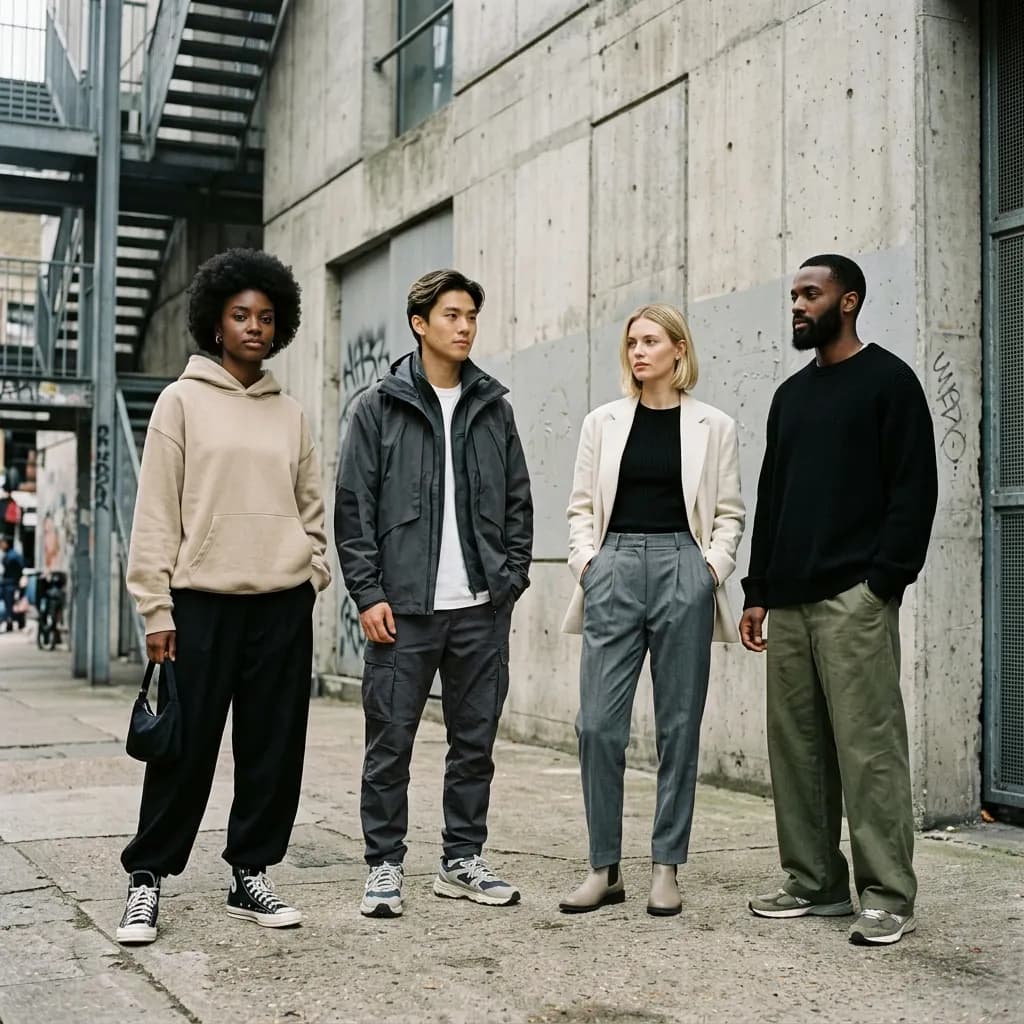 A group of models in minimalist premium streetwear photographed in an urban environment