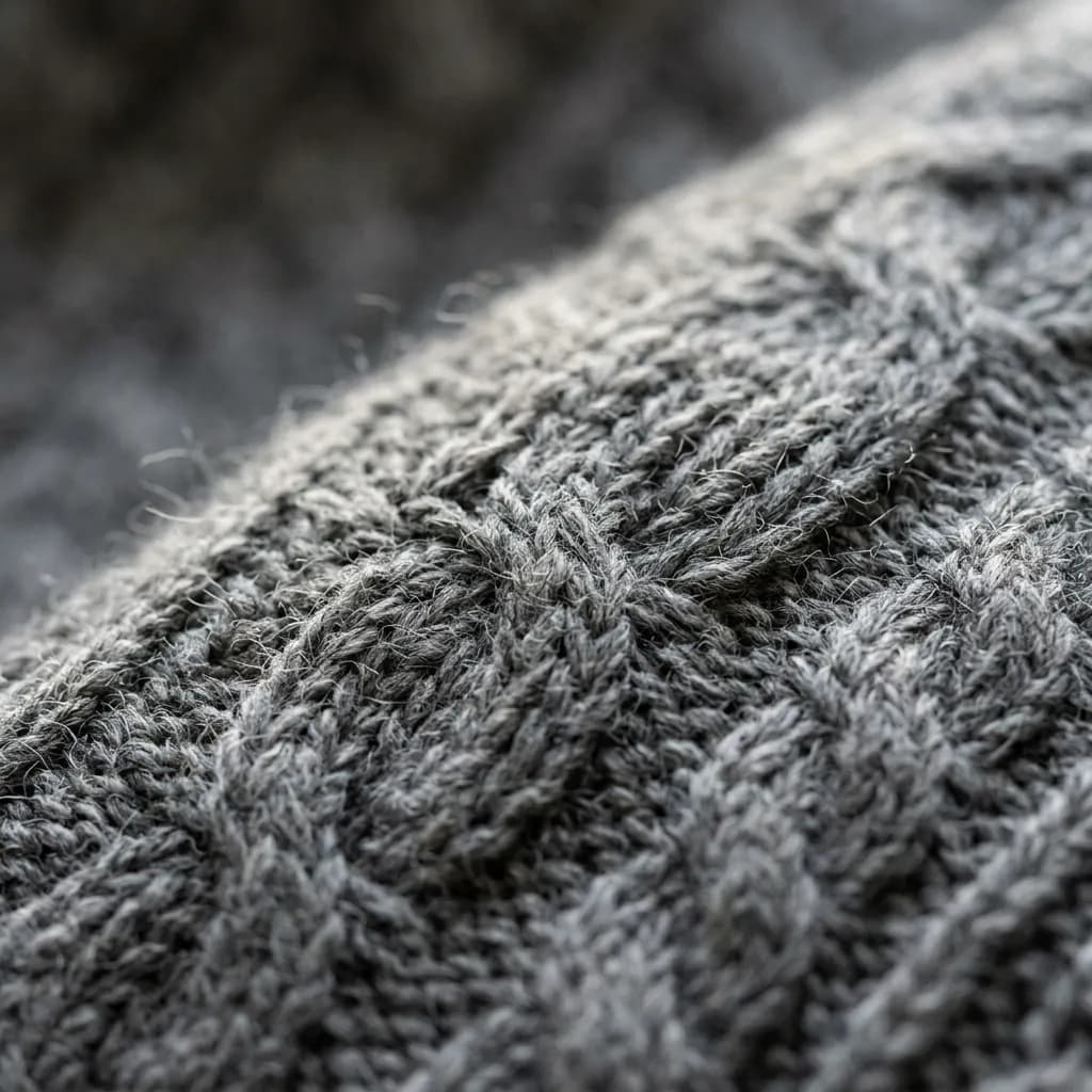 A detailed close-up shot of a premium knitted grey wool sweater showing the fine texture of the fabric weave preserved under soft side lighting