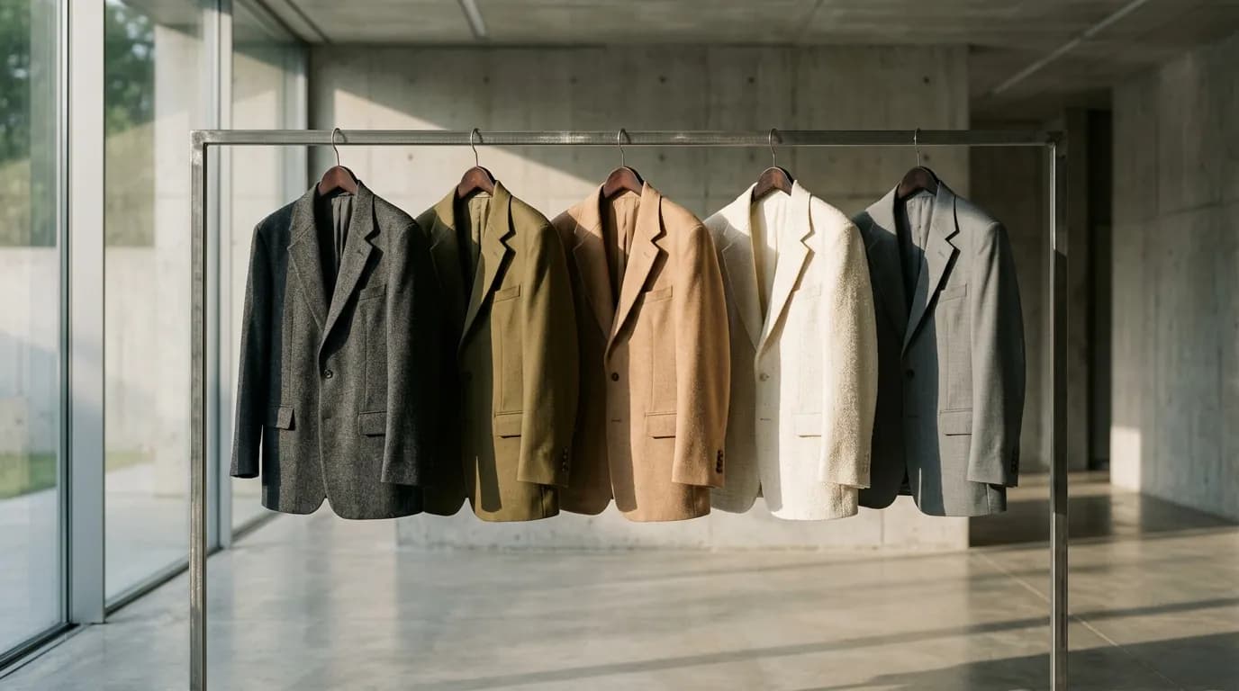 Five tailored oversized wool blazers in monochrome tones of charcoal, olive, camel, cream, and slate hanging sequentially on a brushed steel industrial rail in a minimalist concrete gallery