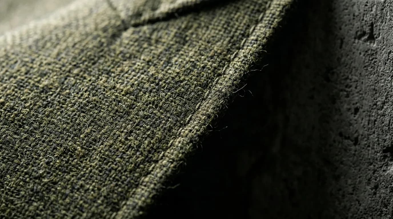 Macro detail of textured virgin wool fabric showing pick-stitch tailoring along a lapel edge