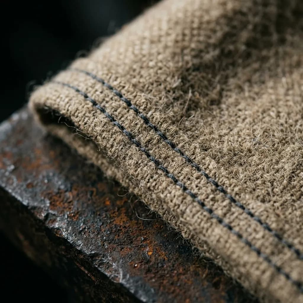 Extreme close-up of premium double-stitched trench coat hem resting on a dark steel surface