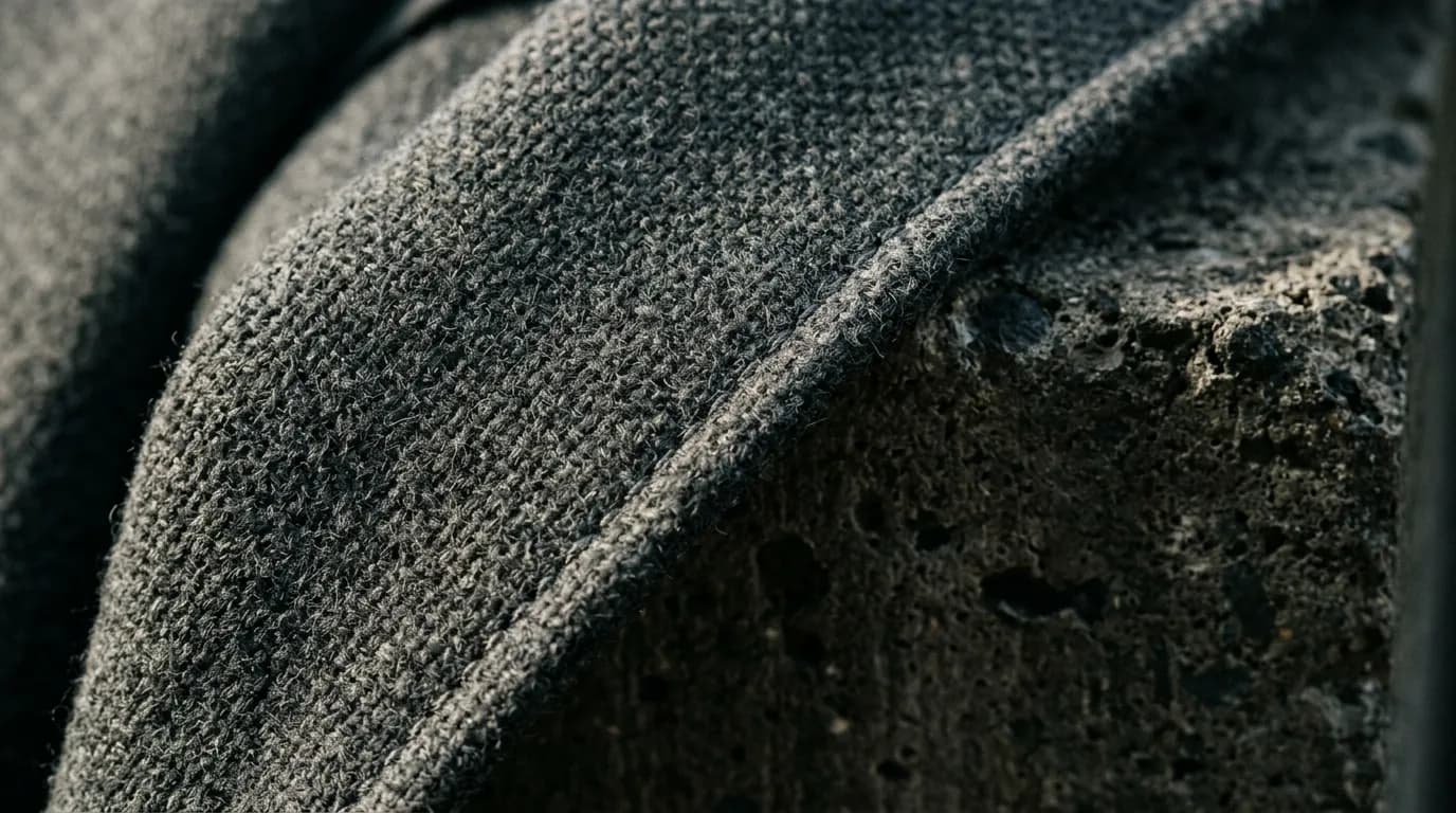 Macro detail of raw heavyweight double-faced wool fabric texture and tailored lapel stitch