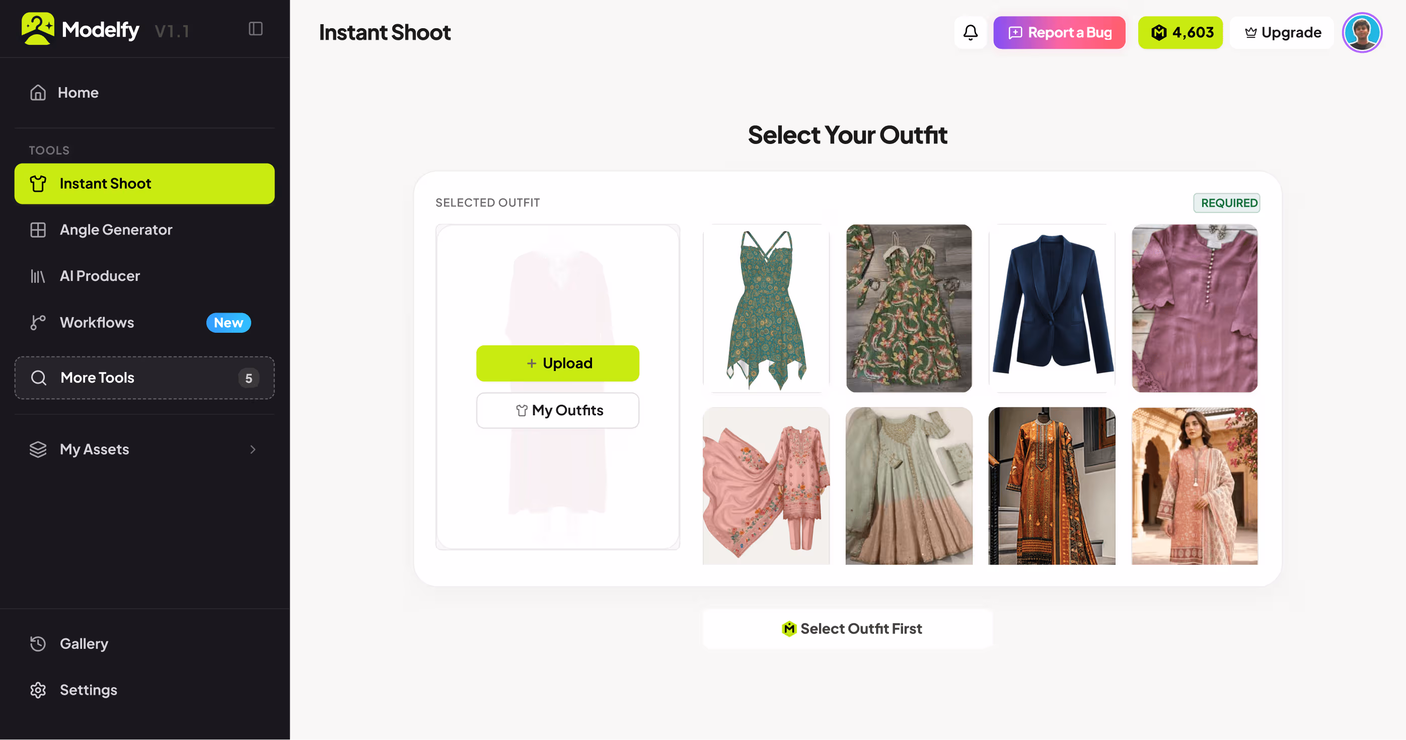 Modelfy AI Fashion Photoshoot Studio Dashboard - Convert flat lay apparel into campaign-ready model photos in one click