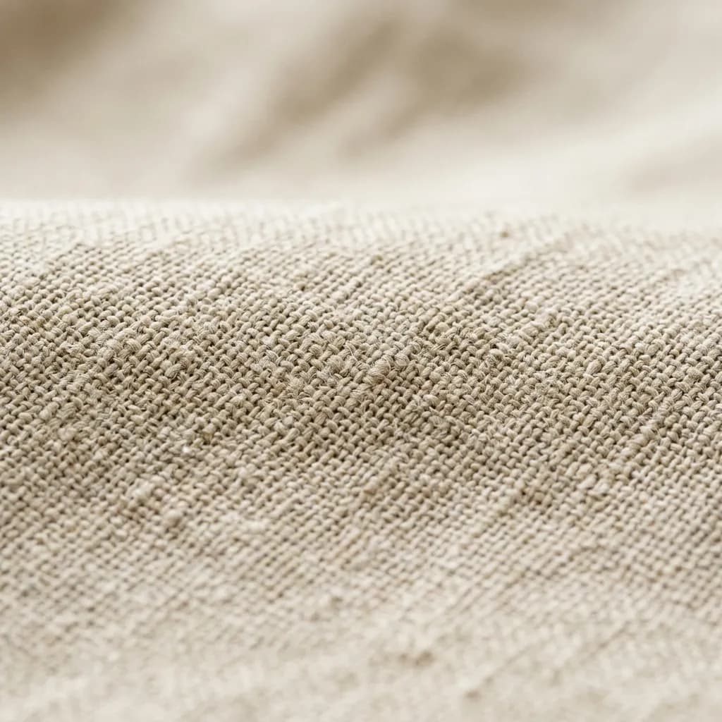 A detailed close-up macro shot of premium beige linen fabric showing the fine weave texture and threads