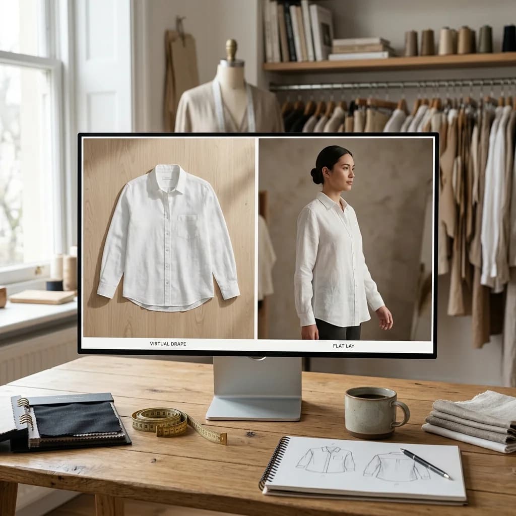 A split screen visual showing a 2D product photo on the left and the product seamlessly draped on an on-model avatar on the right